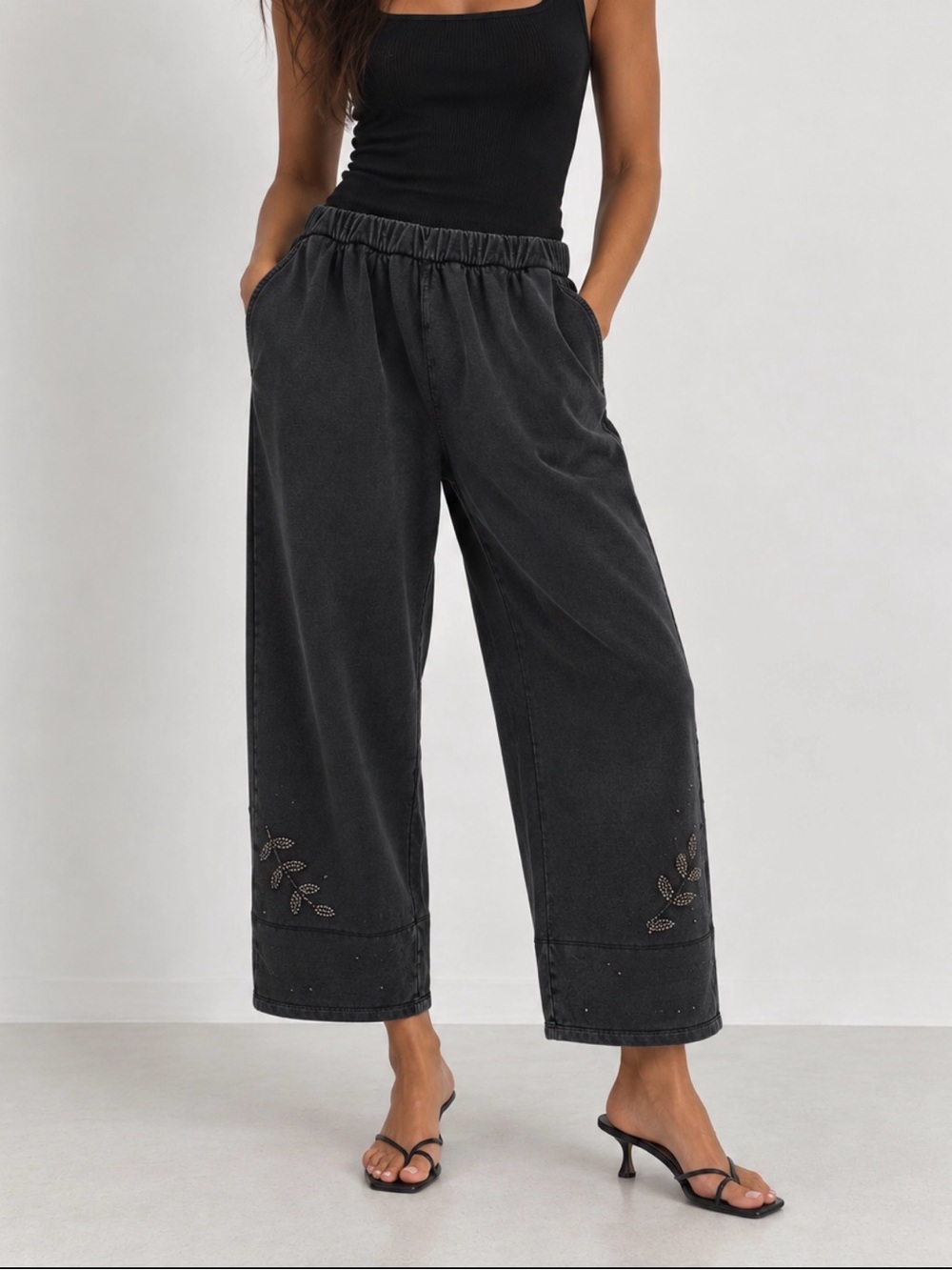 Johnny Was Black Wide-Leg Embellished Hem Pants
